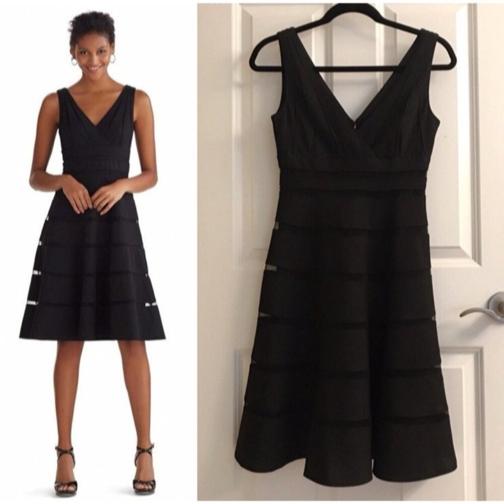 WHBM Dress 14 Black A Line V Front Back Sleeveless Stretch Mesh Trim